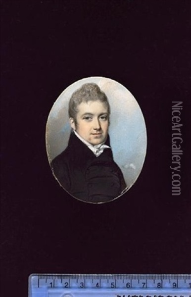 A Young Gentleman, Wearing Double-breasted Black Coat, Frilled Chemise And Tied Stock, His Hair Powdered Oil Painting - George Engleheart