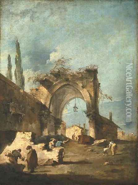 A capriccio of buildings on the laguna with figures by a ruined arch Oil Painting - Francesco Guardi