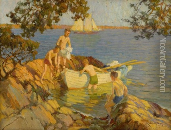 Shipping Off Oil Painting - Frederick J. Mulhaupt