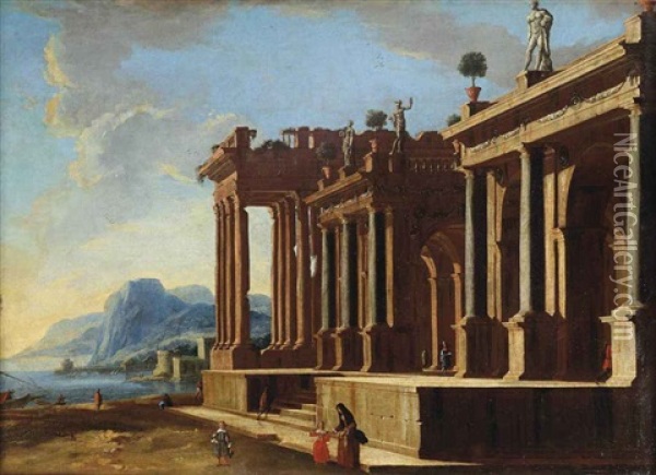 A Capriccio View With A Classical Temple Ruin Along A Mountainous Coast Oil Painting - Viviano Codazzi