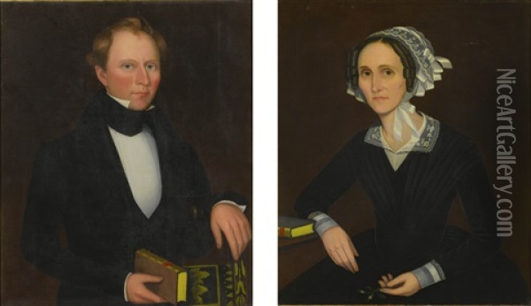 Pair Of Portraits, Possibly James And Anna Vail Of Hamden, New York Oil Painting - Ammi Phillips