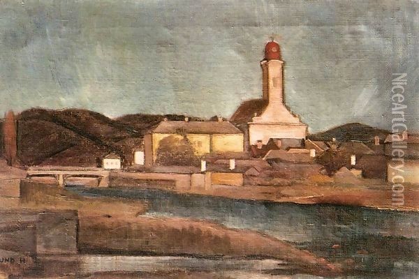 View of Nagybanya from the Brook Zazar 1920 Oil Painting - Maria Modok