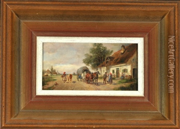 Vierspanner Mit Planwagen Am Bauernhaus Oil Painting - Ludwig Mueller-Cornelius
