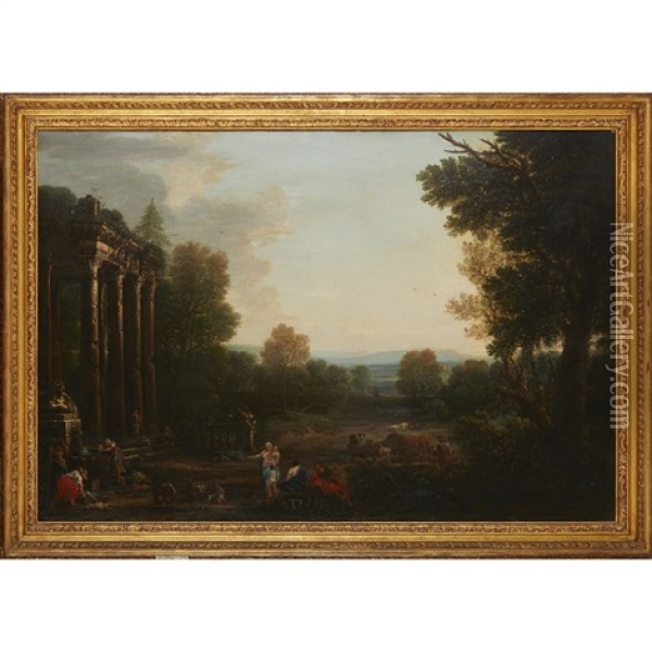 Classical Italian Landscape With Goatherds Among Ruins Oil Painting - Richard Wilson