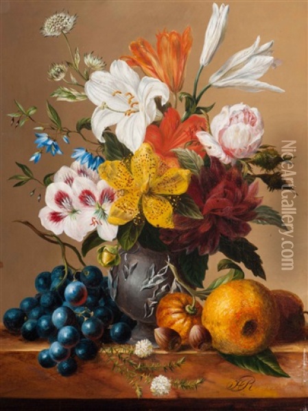 Still Life With Flowers In A Vase And Fruit And Hazelnuts On A Plinth Oil Painting - Hendrik Reekers