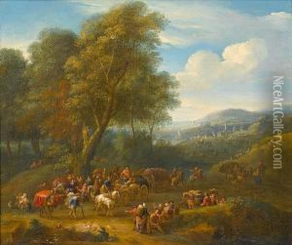 Travellers Merrymaking Outside A Country Inn, A Riverside Town Beyond; And Travellers On A Country Path, A Mountainous Landscape Beyond Oil Painting - Elisabeth Seldron