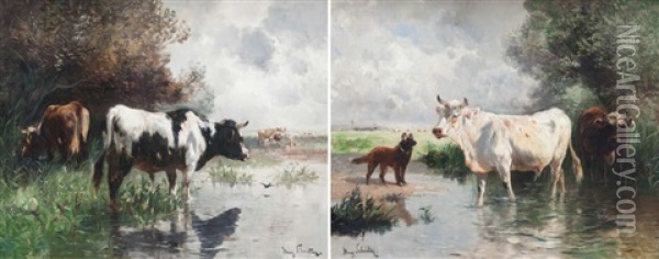 Vaches A L'abreuvoir (pair) Oil Painting - Henry Schouten