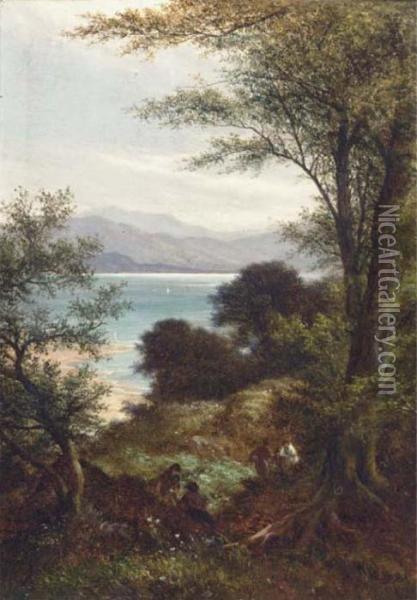 Figures In A Wooded Landscape, A Coastal View Beyond Oil Painting - Walter Williams