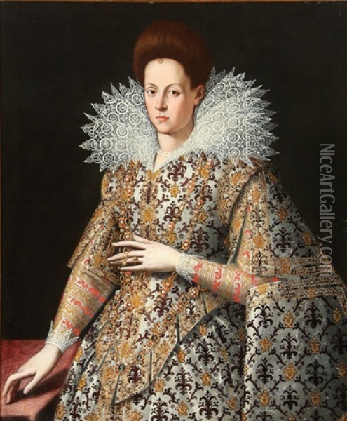 A Young Woman Wearing A Richly Embroidered Fleur De Lis Pattern Dress (maria De Medici, Future Queen Consort Of France?) Oil Painting - Frans Pourbus the younger