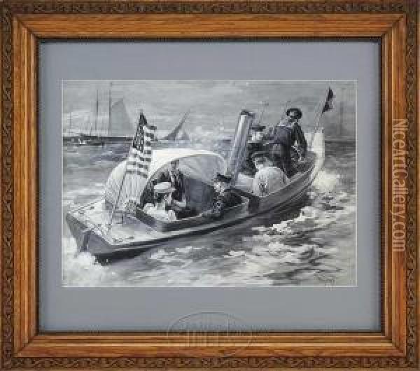 Yacht Club Steam Powered Launch Oil Painting - Thure Thulstrup