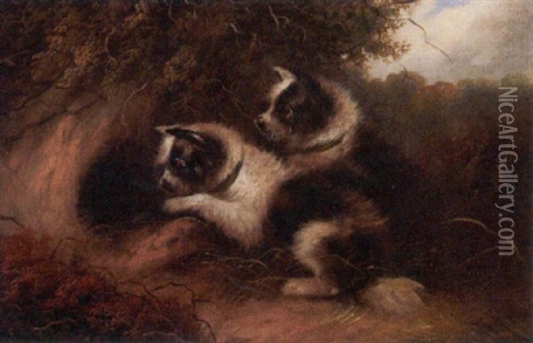 Two Terriers In A Landscape Oil Painting - Edward Armfield