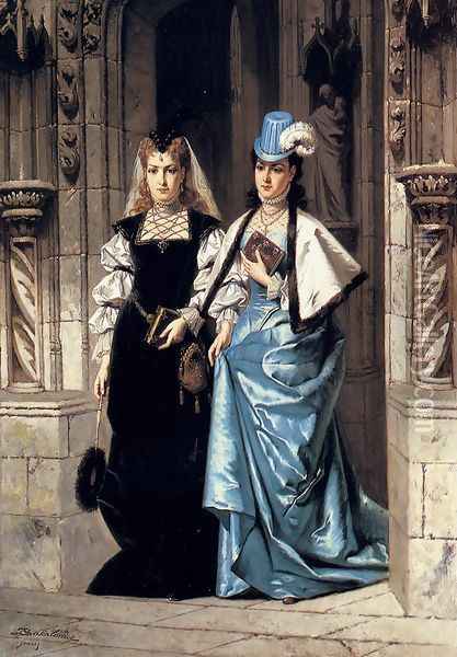 Two Elegant Ladies Leaving A Church Oil Painting - Ladislaus Bakalowicz