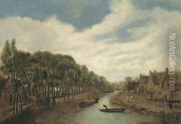 A river landscape with figures on a path by a village Oil Painting - Cornelius Decker