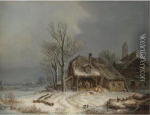Winterliches Dorf (village In Winter) Oil Painting - Heinrich Burkel