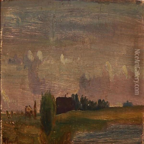 Evening Landscape With Houses Oil Painting - Hans Ludvig Smidth