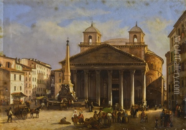 Rome, A View Of The Pantheon Oil Painting - Giovanni Migliara