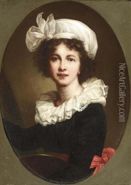 Portrait Of The Artist, Half-length, In A Black Dress, Red Sash And White Bonnet Oil Painting - Elisabeth Vigee-Lebrun