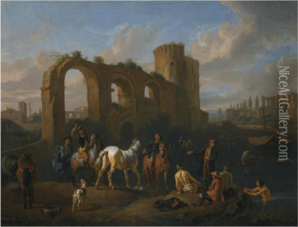 A Roman Landscape With Horsemen 
And Bathers At A Watering Hole,architechtural Ruins Beyond Oil Painting - Pieter van Bloemen
