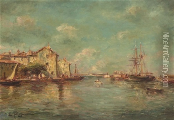 Voiliers Et Barques Aupres Du Petit Port De Peche Oil Painting - Edmond Marie Petitjean