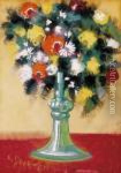 Still-life Of Flowers In A Green Vase Oil Painting - Hugo Scheiber