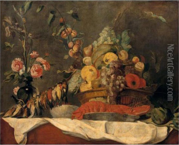 Still Life Of Fruit In A Wicker 
Basket, Together With A Lobster And Blue And White Porcelain Dish, Song 
Birds, Artichokes And A Vase Of Roses Oil Painting - Frans Snyders