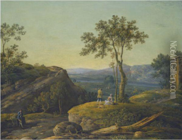 An Italianate River Landscape 
With Figures Resting In Theforeground And Sheep And Cattle In The Middle
 Distance Oil Painting - Richard Wilson