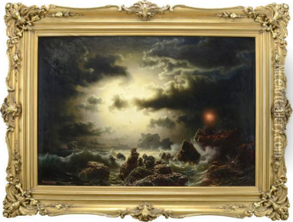 Stormpiskad Kust Med Fyr Och Segelfartyg Oil Painting - Markus Larsson