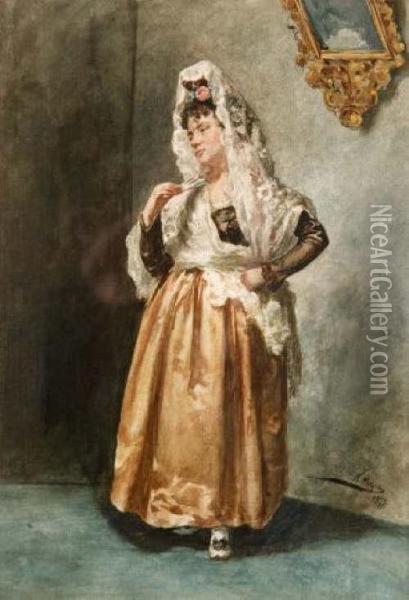 Lady In Period Spanish Costume In An Interior Oil Painting - Nicolas Megia Marques