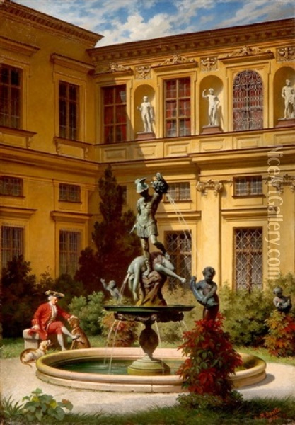Eleganter Herr Mit Jagdhunden Vor Dem Perseusbrunnen, Grottenhof In Der Residenz In Munchen Oil Painting - August Spiess