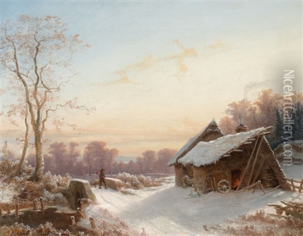 Winterlandschaft Mit Bauernhaus An Einer Brucke Oil Painting - Carl Dahl