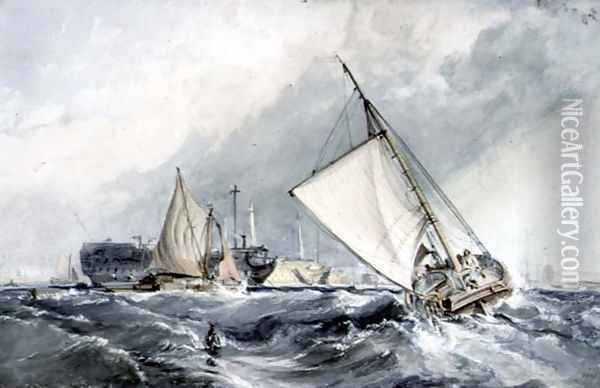 Old Men-of-War at Anchor: boats in a Gale Oil Painting - George Chambers