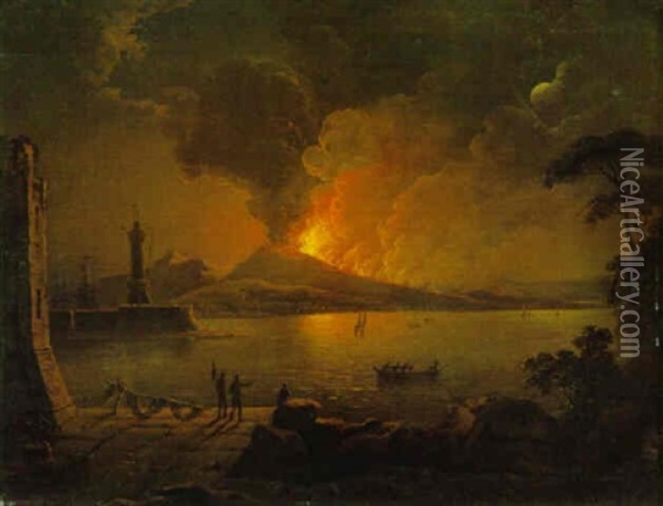 Blick Ueber Den Golf Von Neapel Auf Den Feuerspeienden Vesuv Oil Painting - Abraham Pether