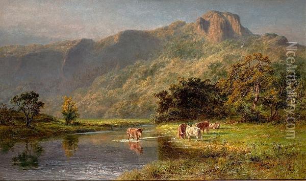 Cattle Watering In A Highland Landscape Oil Painting - Robert Gallon