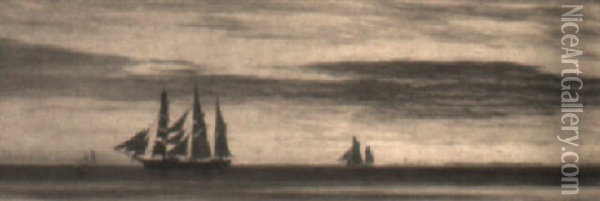 Marine Med Sejlskibe, Solnedgang Oil Painting - Christian Blache