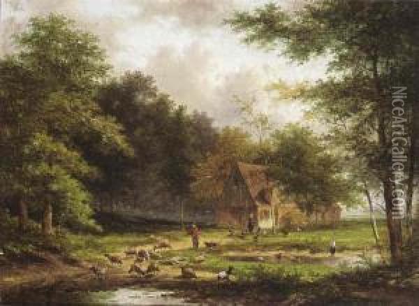 Shepherd And His Flock In A Wooded Landscape Oil Painting - Jan Evert Morel