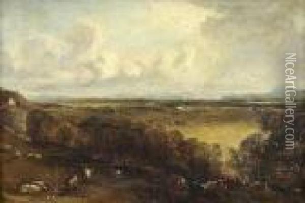 A Panoramic View Of A River Valley With Cattle In Theforeground Oil Painting - John Constable