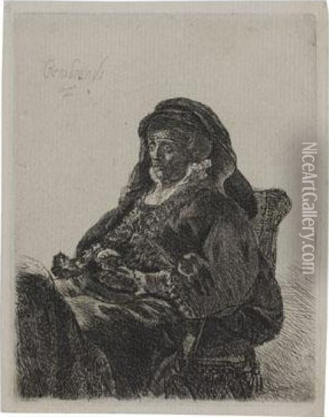 The Artist's Mother Seated, In Widow's Dress And Blackgloves Oil Painting - Rembrandt Van Rijn
