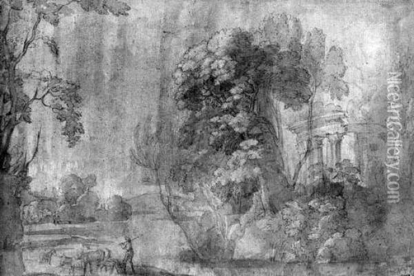 A Classical Landscape With The Temple Of Vesta, And A Shepherd Withhis Herd Oil Painting - Agostino Tassi