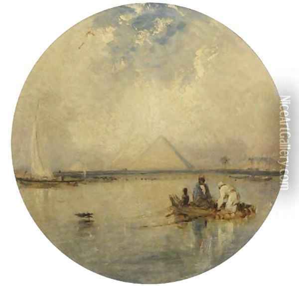 Fishing in the Nile, the pyramids beyond Oil Painting - William James Muller