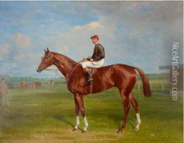 Jockey Zu Pferd Chilperic Nach Links, Gentleman Im Gelande Einer Rennbahn Oil Painting - Emil Adam