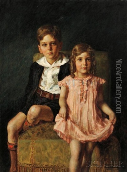 Portrait Of A Brother And Sister Oil Painting - A. (of Aberdeen) Harwood