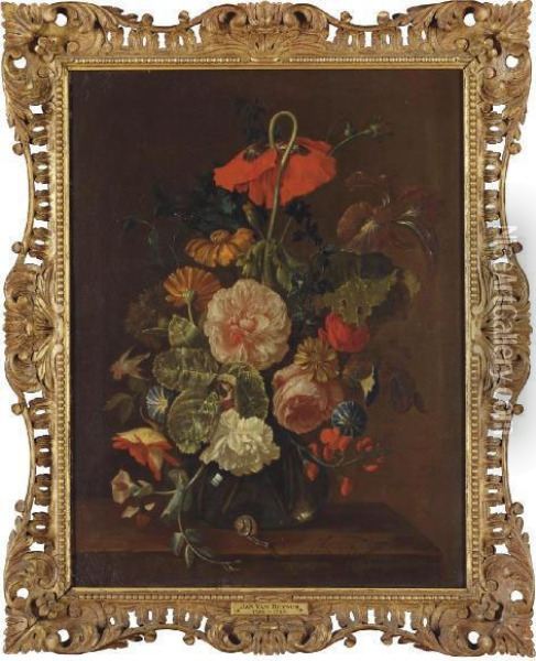 Marigolds, Peonies, Sweetpeas, 
Thistle, A Rose, An Iris And Other Flowers In A Glass Vase On A Ledge 
With A Snail Oil Painting - Justus van Huysum