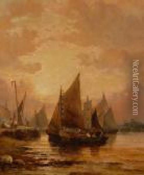 Fishing Harbour Scene At Sunset Oil Painting - William A. Thornley Or Thornber