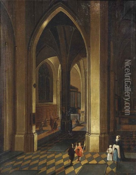 A Church Interior Candlelit With Elegant Figures In The Foreground Oil Painting - Peeter Neeffs the Elder