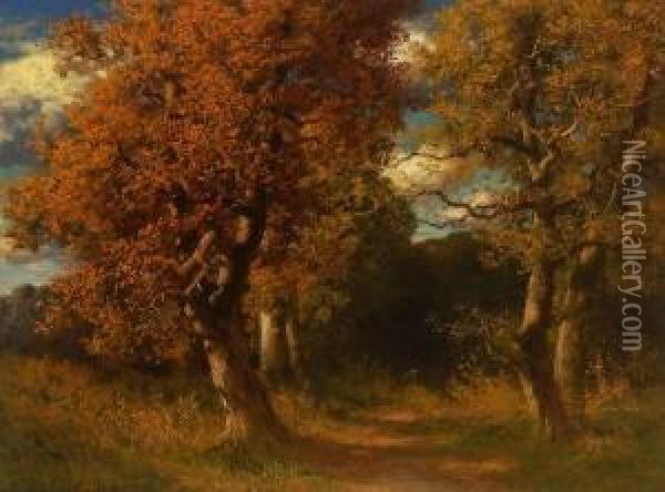 Herbstwald. Oil Painting - Hermann Traugott Rudisuhli