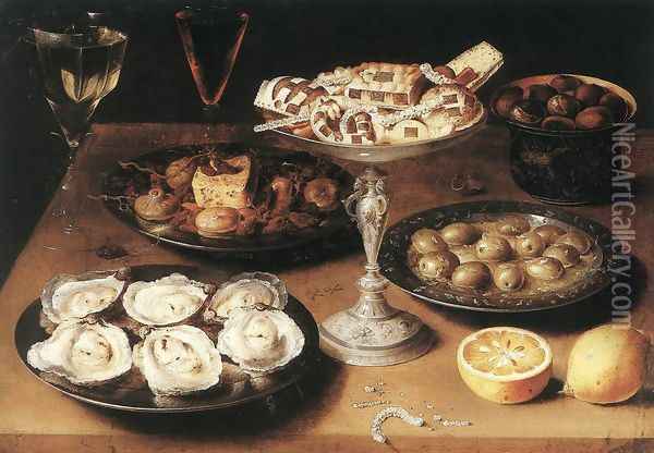 Still-Life with Oysters and Pastries 1610 Oil Painting - Osias, the Elder Beert