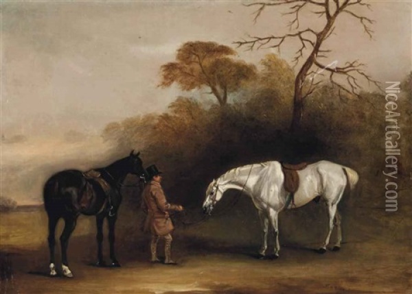 A Groom With A Dark Bay And A Grey Hunter Oil Painting - John Ferneley Jr.