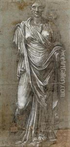 A Female Statue With A Portrait Head Of The Empress Plotina, Afterthe Antique Oil Painting - Baldassare Peruzzi