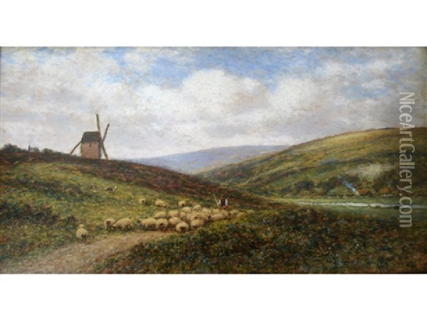 Herding Sheep, Alfriston, Sussex Oil Painting - Alfred Glendening Jr.