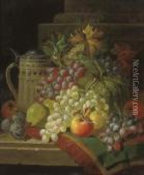 Grapes, Pears, Apples, Damsons And Apples With A Tankard, On A Ledge Oil Painting - Charles Thomas Bale